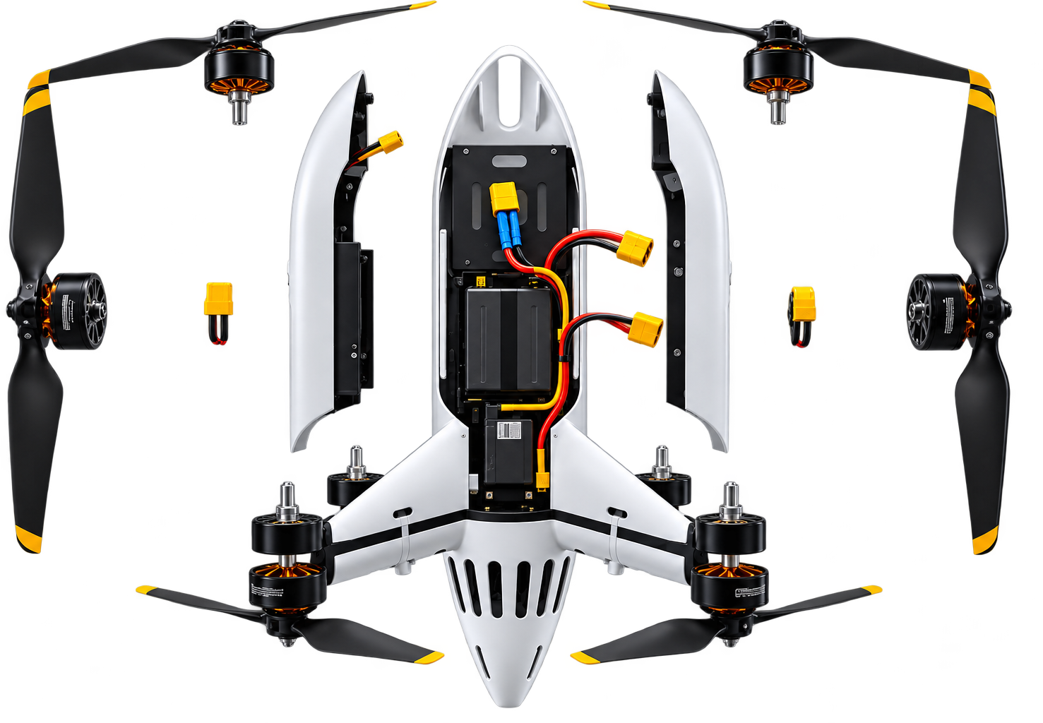 SteelFalcon exploded view with fuselage shells, avionics bay and rotor arms